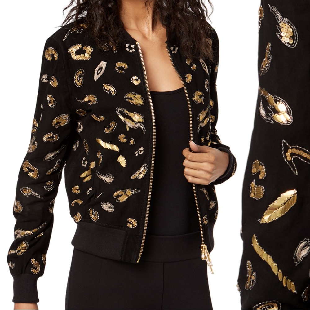 Gold Embellished Black Suede and Gold Women's Jacket